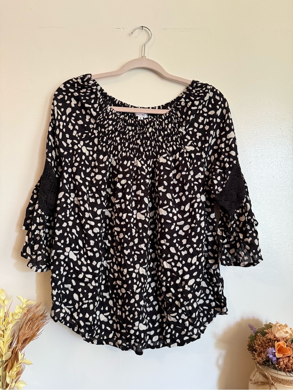 Studio West Black and Cream Smocked Off The Shoulder Top